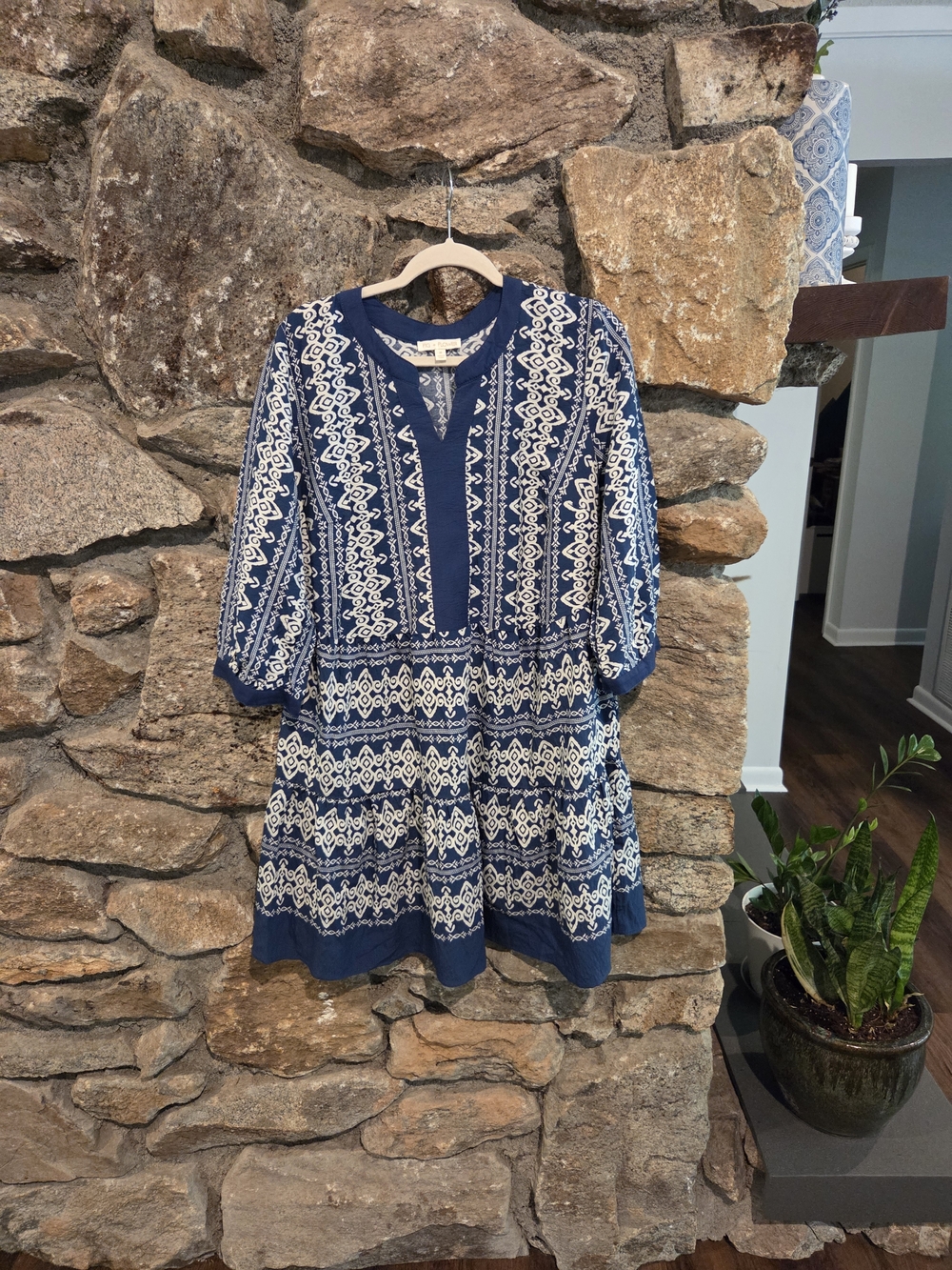 Anthropologie Navy and White Patterned Embroidered Mini Dress